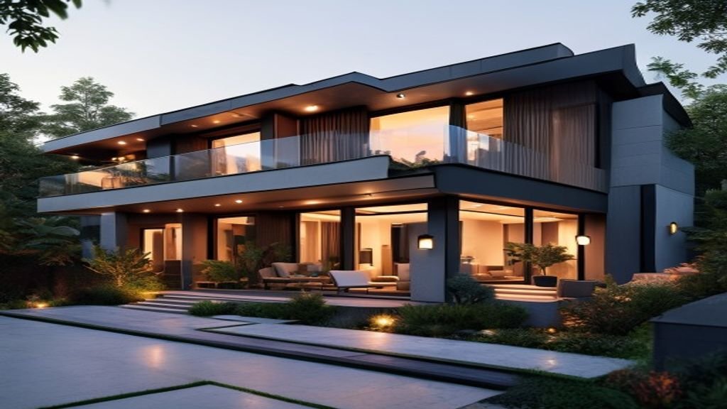 Desain rumah modern dengan fasad kaca, atap datar, dan interior minimalis yang elegan.