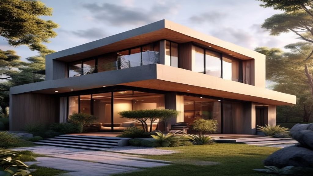 Desain rumah modern dengan tampilan minimalis, fasad kaca, dan taman vertikal yang terintegrasi.