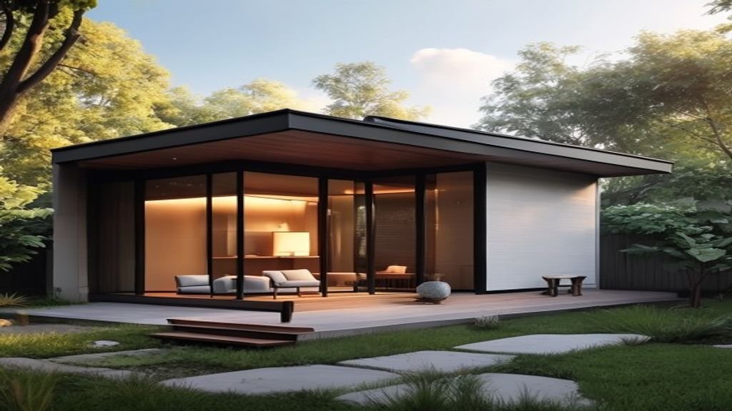 Rumah minimalis dengan desain modern, dinding putih, jendela besar, dan taman kecil di depan